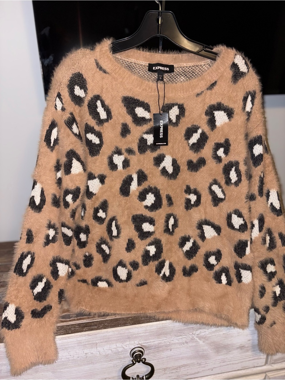 Express Fuzzy Leopard Crewneck Sweater - Tan, Black, White